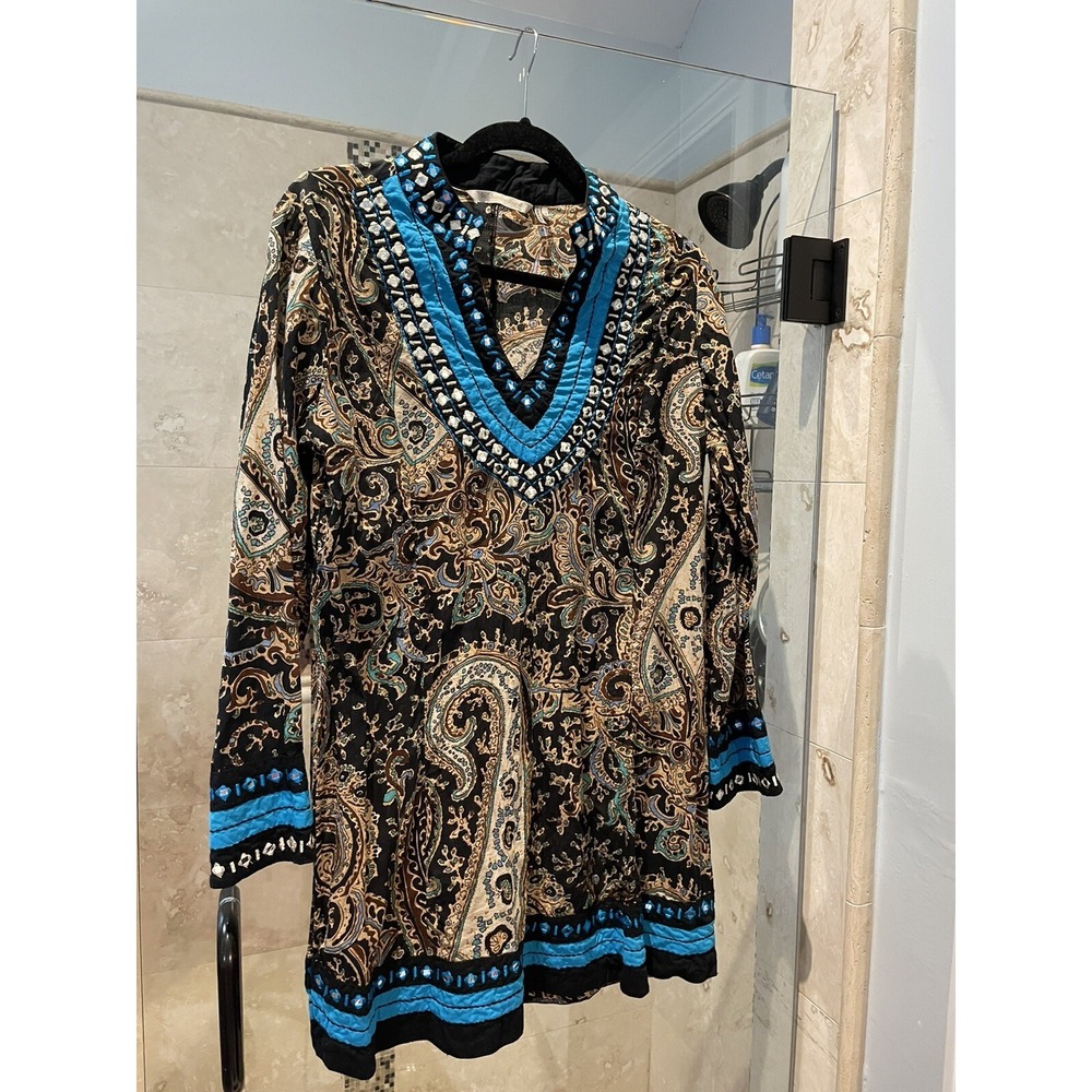 Soft Surroundings Aztec Embellished Paisley Fall Long Sleeve Dress Size S